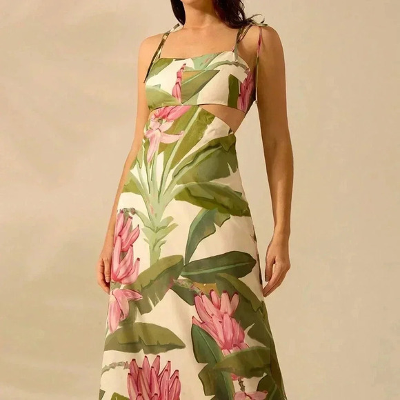 Multicolor Boho Women's Banana Tree Print Sleeveless Spaghetti Strap Dress - Picture 2 of 7